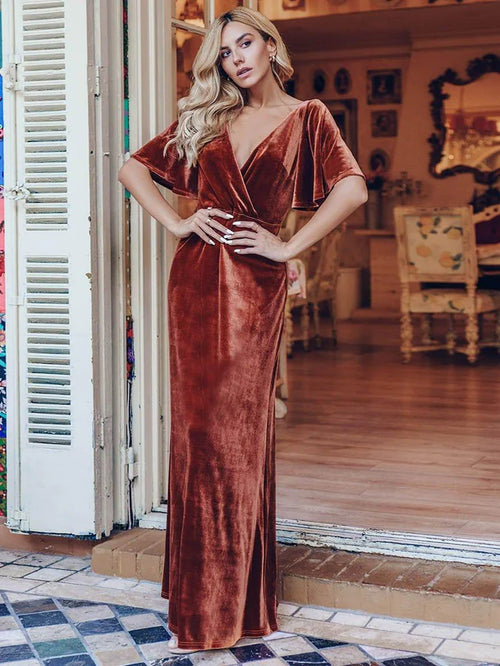 Velvet Double V Neck Maxi Bridesmaid Dress