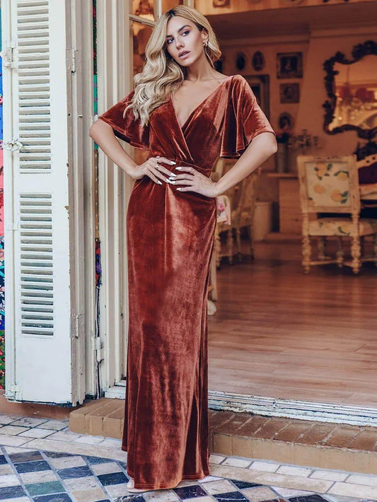 Velvet Double V Neck Maxi Bridesmaid Dress